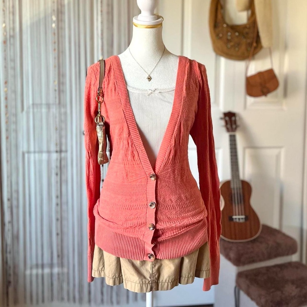 mossimo coral long sleeve deep v-neck cardigan